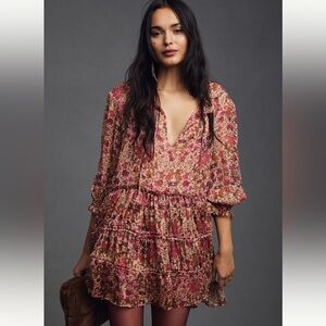 Misa Los Angeles Pink and Brown Floral Long Sleeve Dress